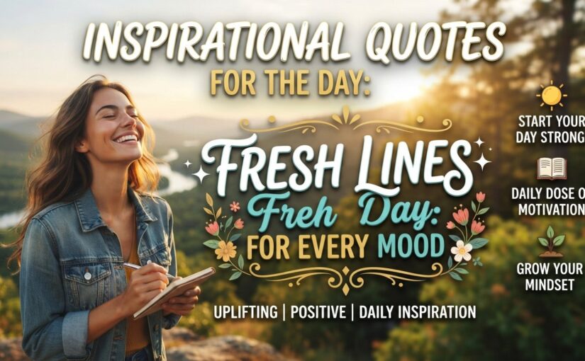 A smiling woman with a notebook and pen stands on a mountain overlook at sunrise, next to a graphic title for a blog post titled "Inspirational Quotes for the Day: Fresh Lines for Every Mood."