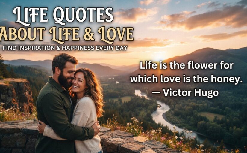 An inspirational blog featured image featuring a smiling couple embracing on a stone overlook at sunset, with a winding river and mountains in the background. Text overlay reads: "LIFE QUOTES ABOUT LIFE & LOVE – FIND INSPIRATION & HAPPINESS EVERY DAY" and "Life is the flower for which love is the honey. — Victor Hugo".