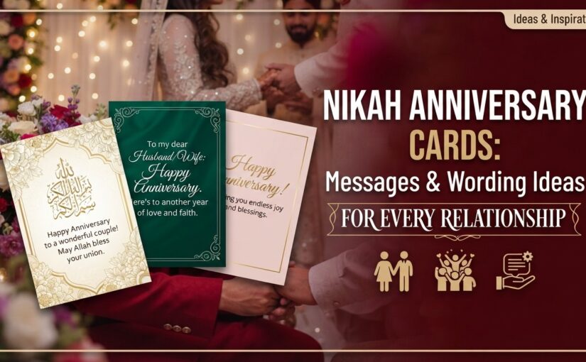 Elegant Nikah anniversary greeting cards displayed against a blurred background of a traditional wedding celebration, with text overlay reading "Nikah Anniversary Cards: Messages & Wording Ideas for Every Relationship"