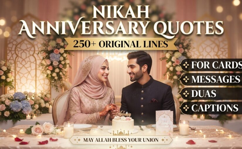 An elegant thumbnail for a blog post titled 'Nikah Anniversary Quotes,' featuring a smiling Muslim couple in formal wear seated at a decorated table with a small cake. Text overlays display the titles and categories: '250+ Original Lines for Cards, Messages, Duas, and Captions,' with 'MAY ALLAH BLESS YOUR UNION' at the bottom. The background is a warm, floral wedding setting with soft lighting.
