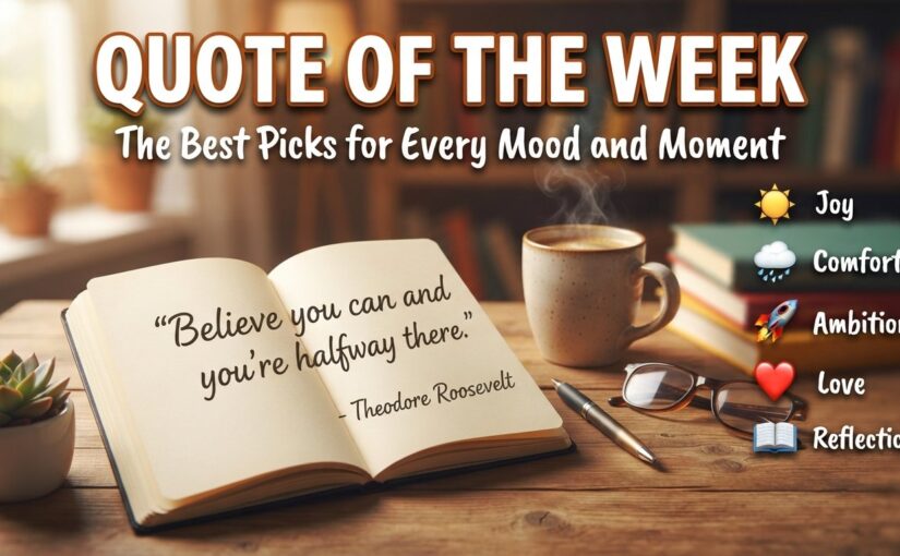 A warm, inviting blog featured image set at a wooden desk. An open notebook in the center displays the Theodore Roosevelt quote: "Believe you can and you're halfway there." Around the notebook are a steaming mug of coffee, a succulent, a pen, eyeglasses, and a stack of books. To the right, a vertical list of emoji-and-text pairs categorizes moods: "☀️ Joy," "☁️ Comfort," "🚀 Ambition," "❤️ Love," and "📖 Reflection." The main title "QUOTE OF THE WEEK" is at the top.