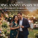 A joyful South Asian couple celebrating their wedding anniversary in an outdoor garden party setting at sunset. The couple is laughing and holding champagne flutes, with an elegant floral arch and a wooden "HAPPY ANNIVERSARY" sign visible. The image includes text overlay reading: "GUIDE TO WEDDING ANNIVERSARY WISHES FOR COUPLE: THE RIGHT WORDS FOR EVERY OCCASION".