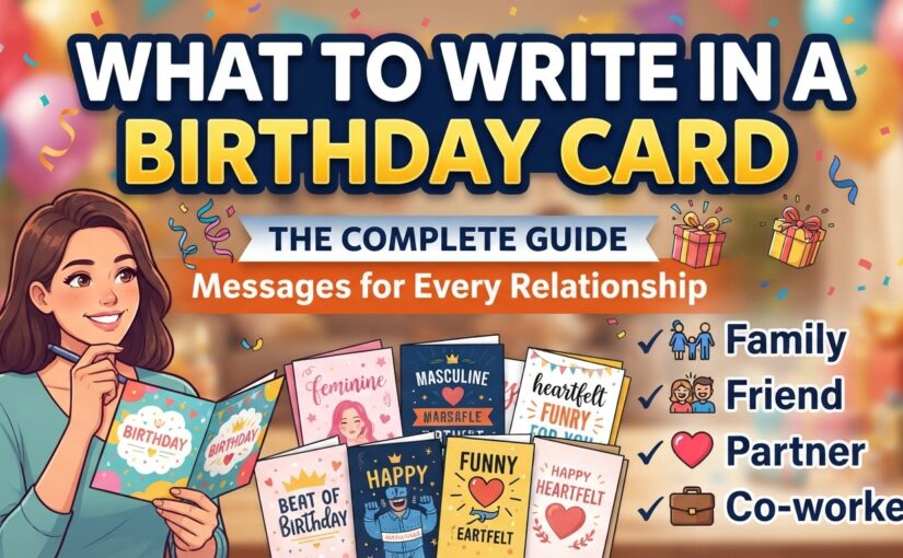 A vibrant blog featured image for a birthday card message guide, featuring a smiling woman holding birthday cards, an assortment of relationship cards, and cheerful party decorations.
