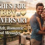 A romantic couple embracing lovingly outdoors during a golden hour anniversary celebration with fairy lights and candles.