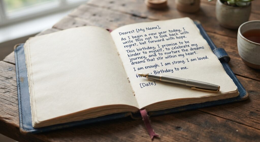 Handwritten birthday letter to myself in an open journal.
