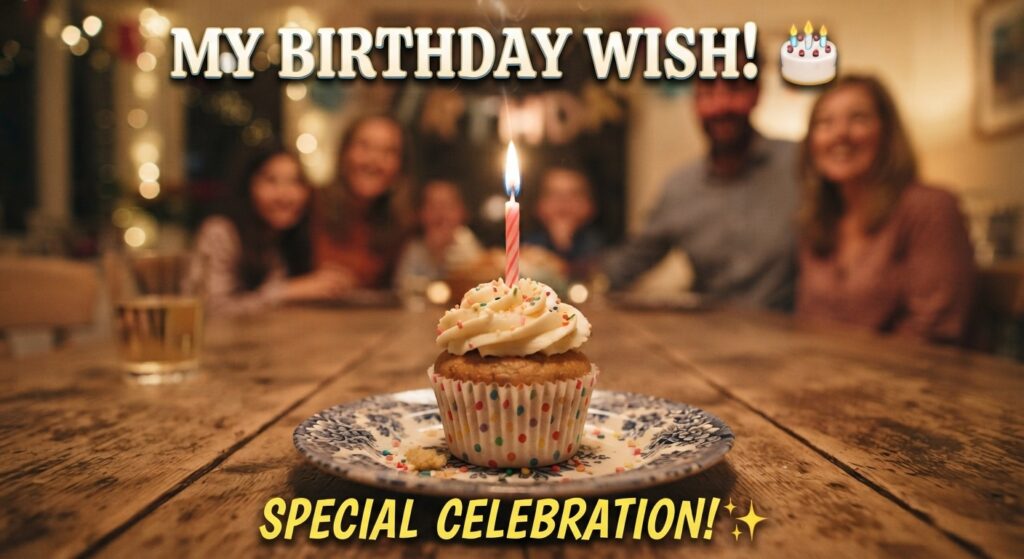 Birthday wishes for myself — cupcake with a single lit candle.