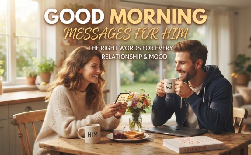A smiling couple sitting together at a bright kitchen table enjoying coffee, with a smartphone displaying a text message, set against a warm morning backdrop.