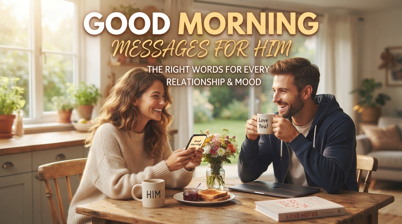 A smiling couple sitting together at a bright kitchen table enjoying coffee, with a smartphone displaying a text message, set against a warm morning backdrop.