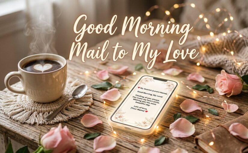 A cozy morning flat lay on a wooden table featuring a warm cup of coffee with heart latte art, pink rose petals, fairy lights, and a smartphone displaying a romantic "Good Morning" email.