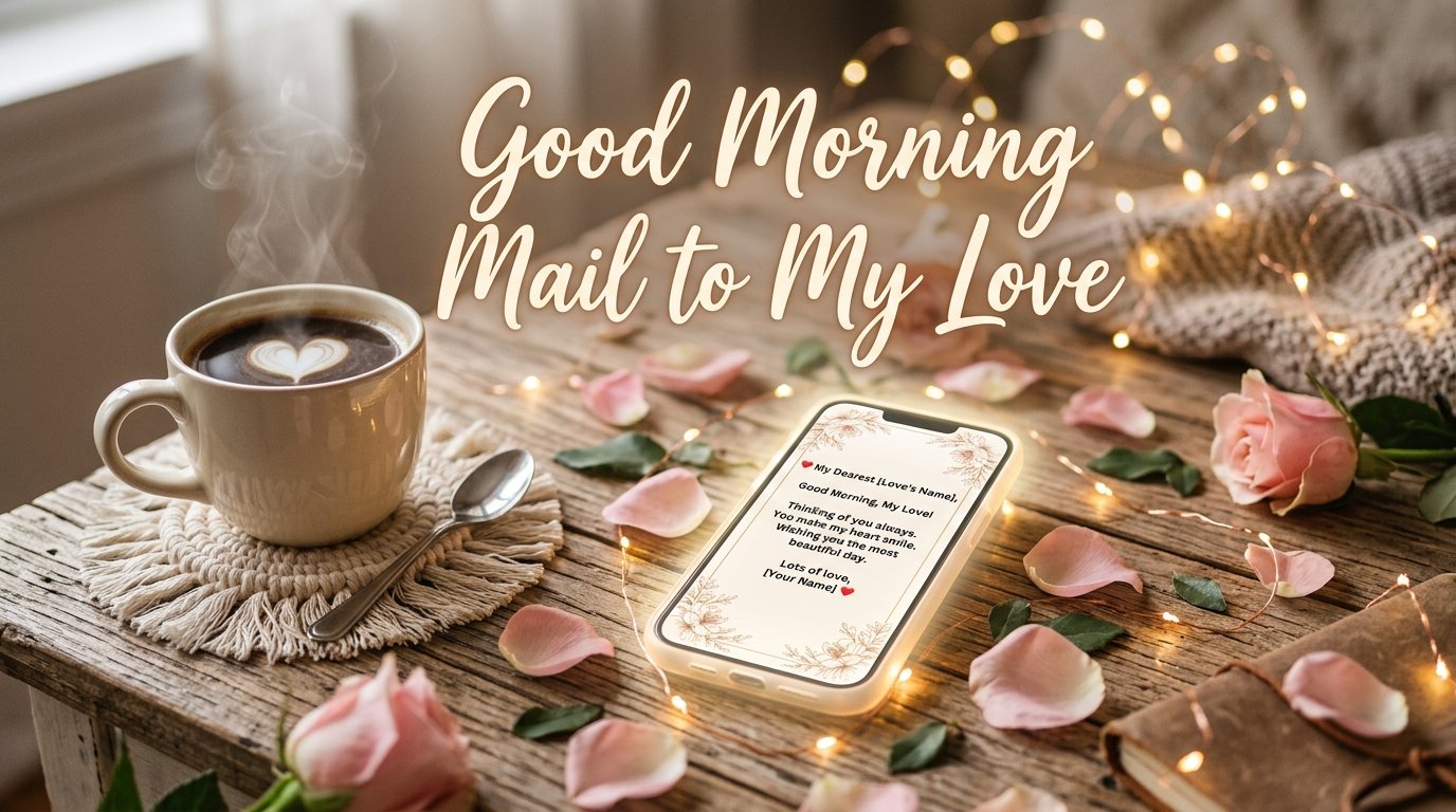 A cozy morning flat lay on a wooden table featuring a warm cup of coffee with heart latte art, pink rose petals, fairy lights, and a smartphone displaying a romantic "Good Morning" email.