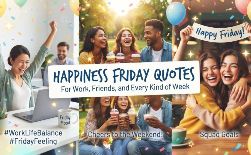 A vibrant collage of happy people celebrating Friday at work and with friends, featuring festive confetti, balloons, and the title text "Happiness Friday Quotes For Work, Friends, and Every Kind of Week".