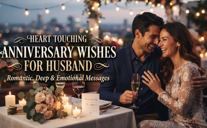 A romantic anniversary blog featured image showing a joyful couple embracing at a candlelit rooftop dinner. The scene includes text overlaid on the image that reads: "HEART TOUCHING ANNIVERSARY WISHES FOR HUSBAND - Romantic, Deep & Emotional Messages". The table is set with champagne, roses, and candles against a blurred city skyline and fairy lights.
