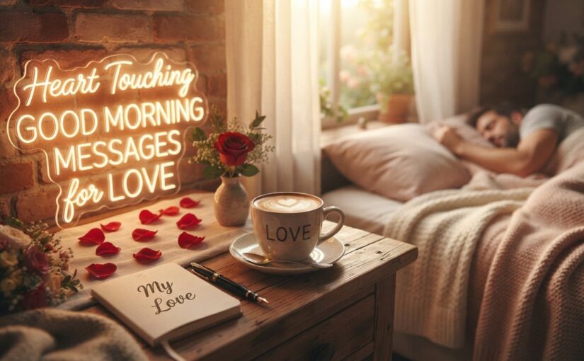 A cozy morning bedroom scene featuring a warm cup of coffee, a red rose, rose petals, a notebook that says "My Love," and glowing neon-style text reading "Heart Touching GOOD MORNING MESSAGES for Love."