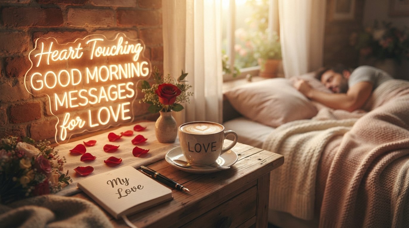 A cozy morning bedroom scene featuring a warm cup of coffee, a red rose, rose petals, a notebook that says "My Love," and glowing neon-style text reading "Heart Touching GOOD MORNING MESSAGES for Love."