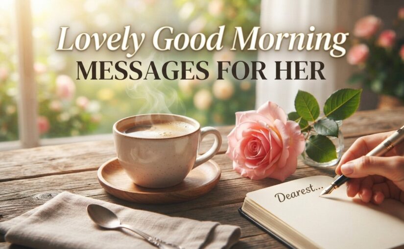 A steaming cup of coffee, a pink rose, and a hand writing a romantic note in a journal in morning sunlight, representing lovely good morning messages for her.