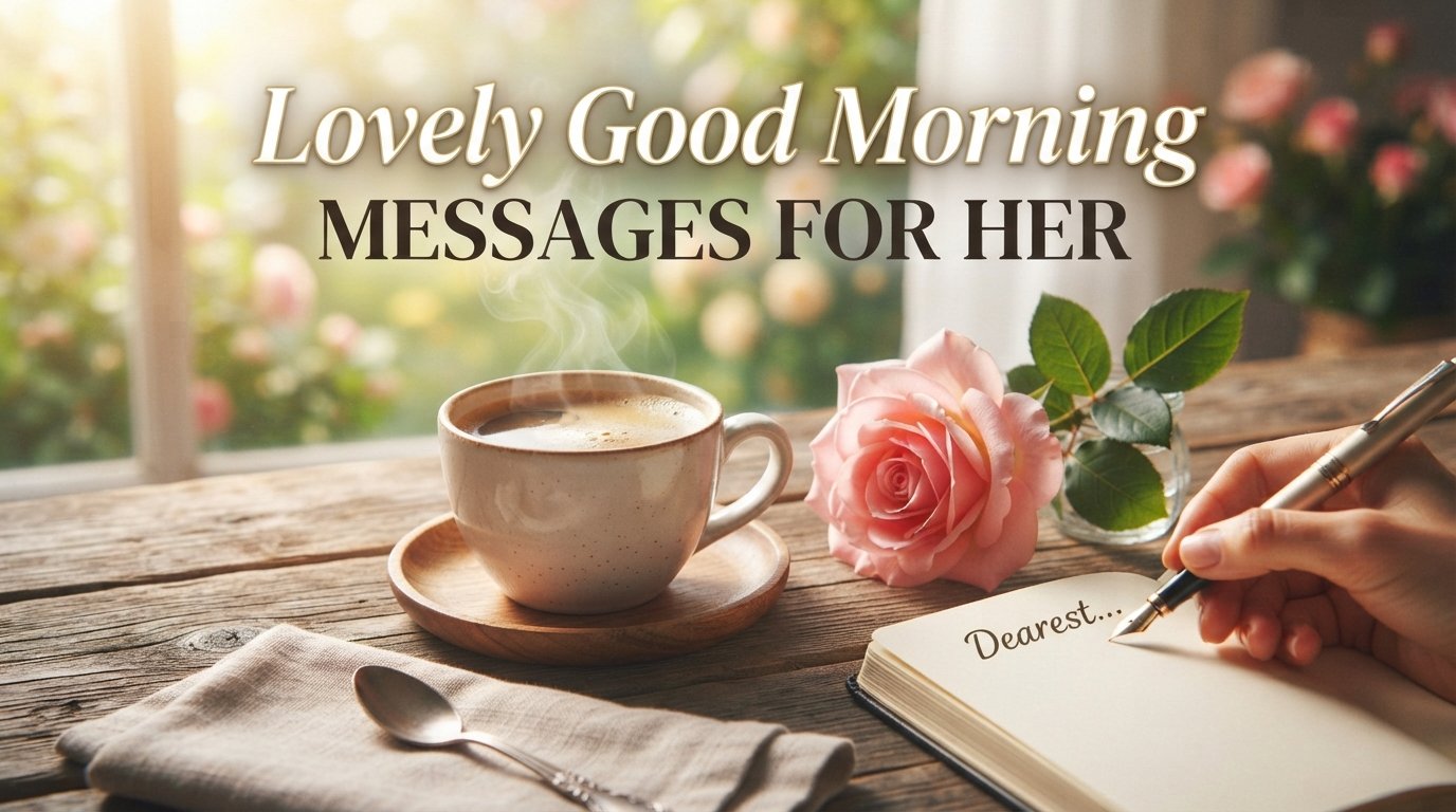 A steaming cup of coffee, a pink rose, and a hand writing a romantic note in a journal in morning sunlight, representing lovely good morning messages for her.