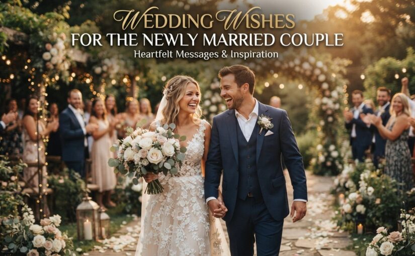 A newly married couple smiling happily while holding hands walking down the aisle at an outdoor wedding ceremony surrounded by family, fairy lights, and floral arrangements.